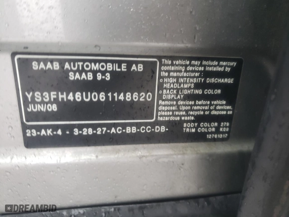 2006 Saab 9-3 Aero with VIN YS3FH46U061148620, listed as a Copart auction lot 44579345 with 141,729 mi miles and Salvage Title. Bid and sale history available at carsss.com. Image 12.