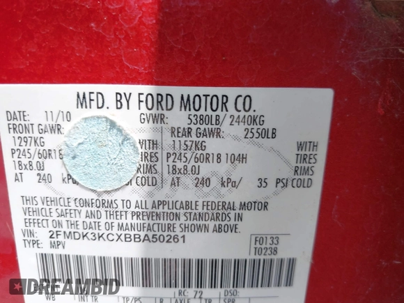 2011 Ford Edge Limited with VIN 2FMDK3KCXBBA50261, listed as a IAAI auction lot 42602013 with 162,801 mi miles and . Bid and sale history available at DreamBid. Image 9.