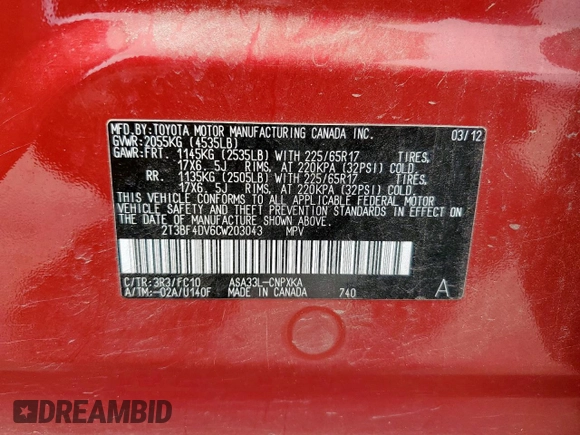 2012 Toyota RAV4 with VIN 2T3BF4DV6CW203043, listed as a Copart auction lot 59658385 with 167,530 mi miles and Salvage title. Bid and sale history available at DreamBid. Image 13.