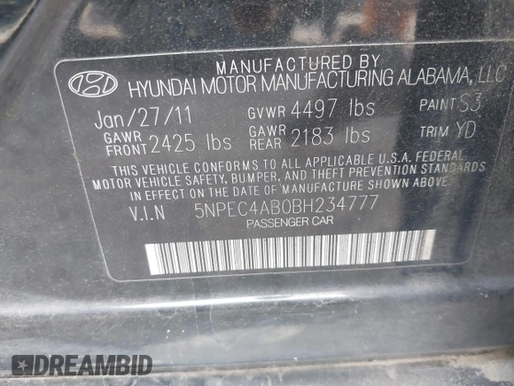 2011 Hyundai Sonata Limited with VIN 5NPEC4AB0BH234777, listed as a IAAI auction lot 40724002 with 146,903 mi miles and . Bid and sale history available at carsss.com. Image 9.