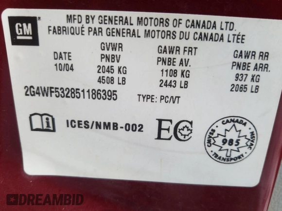 2005 Buick Allure CX with VIN 2G4WF532851186395, listed as a Copart auction lot 49961285 with 191,011 mi miles and Salvage Title. Bid and sale history available at DreamBid. Image 12.