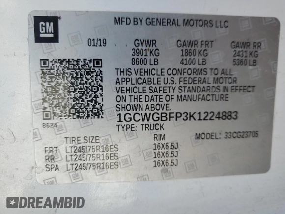 2019 Chevrolet Express Cargo Van with VIN 1GCWGBFP3K1224883, listed as a Copart auction lot 87595485 with 0 mi miles and Salvage Title. Bid and sale history available at carsss.com. Image 13.