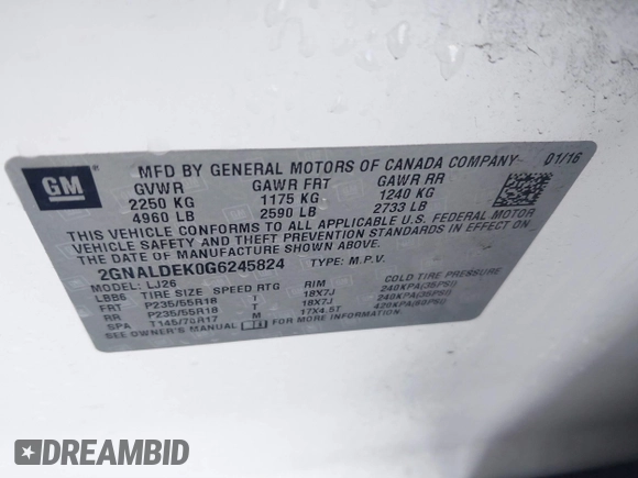 2016 Chevrolet Equinox LTZ с VIN 2GNALDEK0G6245824, выставлен на аукционе IAAI как лот 41860895 с пробегом 139 474 миль миль и . История ставок и продаж доступна на DreamBid. Изображение 9.