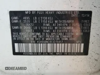 2015 Subaru Outback Limited with VIN 4S4BSBNC4F3270451, listed as a Copart auction lot 50863055 with 139,983 mi miles and Salvage Title. Bid and sale history available at DreamBid. Image 13.