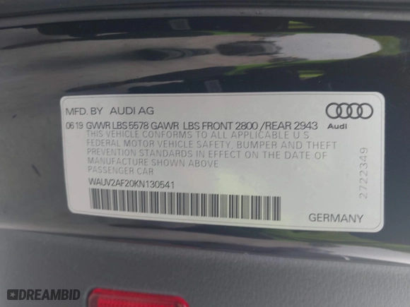 2019 Audi A7 Prestige with VIN WAUV2AF20KN130541, listed as a IAAI auction lot 41148193 with 54,323 mi miles. Bid and sale history available at carsss.com. Image 9.