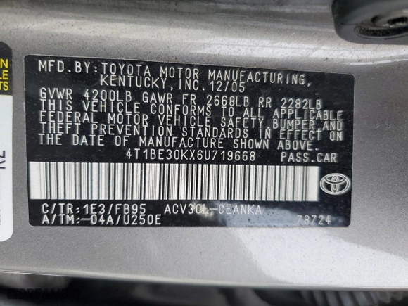 2006 Toyota Camry STD with VIN 4T1BE30KX6U719668, listed as a Copart auction lot 43767055 with 192,686 mi miles and Salvage Title. Bid and sale history available at carsss.com. Image 15.