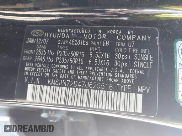 2007 Hyundai Tucson SE with VIN KM8JN72D47U629516, listed as a IAAI auction lot 41956757 with 190,852 mi miles and . Bid and sale history available at DreamBid. Image 9.