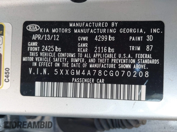 2012 Kia Optima LX with VIN 5XXGM4A78CG070208, listed as a IAAI auction lot 42159149 with 195,598 mi miles and . Bid and sale history available at carsss.com. Image 9.