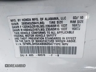 2010 Honda Odyssey EX with VIN 5FNRL3H5XAB060547, listed as a IAAI auction lot 42749876 with 228,522 mi miles and . Bid and sale history available at DreamBid. Image 9.