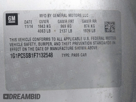 2015 Chevrolet Cruze LT with VIN 1G1PC5SB1F7132548, listed as a IAAI auction lot 39232315 with 155,819 mi miles and . Bid and sale history available at DreamBid. Image 9.