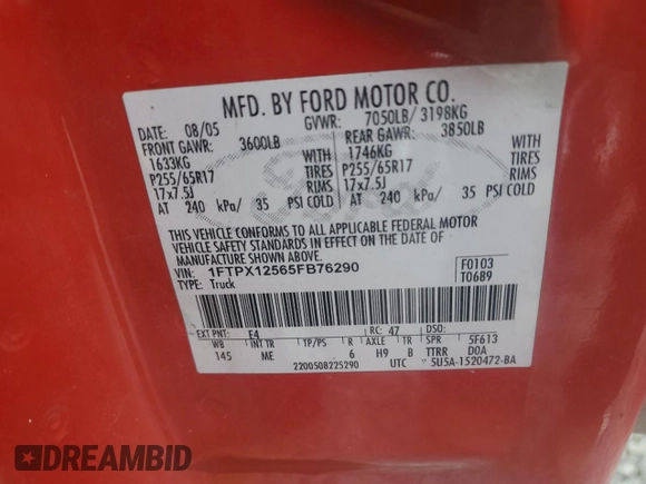 2005 Ford F-150 XLT with VIN 1FTPX12565FB76290, listed as a Copart auction lot 81396984 with 295,258 mi miles and Clean Title. Bid and sale history available at carsss.com. Image 12.