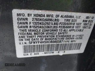 2012 Honda Pilot EX-L z VIN 5FNYF4H5XCB080387, wystawiony jako IAAI lot #42253266 z przebiegiem 185 471 mil mil oraz . Historia ofert i sprzedaży dostępna na DreamBid. Obrazek 9.