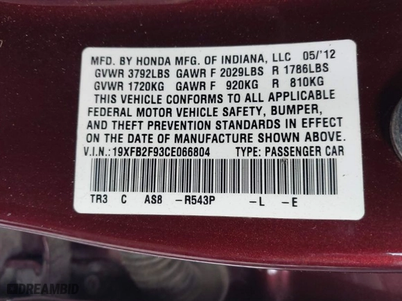 2012 Honda Civic Sdn EX-L with VIN 19XFB2F93CE066804, listed as a IAAI auction lot 41869172 with 59,700 mi miles. Bid and sale history available at carsss.com. Image 9.