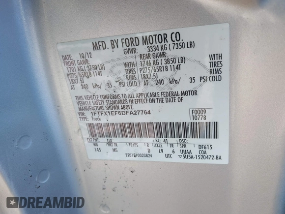 2013 Ford F-150 XL z VIN 1FTFX1EF6DFA27764, wystawiony jako IAAI lot #41255211 z przebiegiem 169 682 mil mil oraz . Historia ofert i sprzedaży dostępna na DreamBid. Obrazek 9.