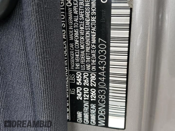 2004 Mercedes-Benz S 430 with VIN WDBNG83J04A430307, listed as a Copart auction lot 52566765 with 169,194 mi miles and Salvage Title. Bid and sale history available at DreamBid. Image 12.