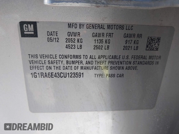 2012 Chevrolet Volt with VIN 1G1RA6E43CU123591, listed as a IAAI auction lot 41596161 with 214,080 mi miles and . Bid and sale history available at carsss.com. Image 9.