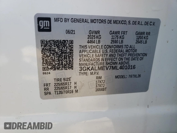 2021 GMC Terrain SLE с VIN 3GKALMEV7ML401016, выставлен на аукционе Copart как лот 52514595 с пробегом 32 994 миль миль и Списание • Salvage title. История ставок и продаж доступна на DreamBid. Изображение 13.