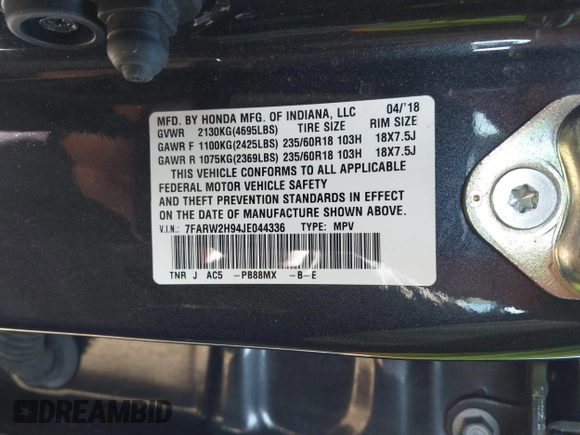 2018 Honda CR-V Touring with VIN 7FARW2H94JE044336, listed as a IAAI auction lot 41934128 with 70,861 mi miles. Bid and sale history available at carsss.com. Image 9.