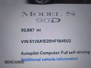 2017 Tesla Model S 100D with VIN 5YJSA1E25HF184502, listed as a IAAI auction lot 41834310 with 92,887 mi miles and . Bid and sale history available at DreamBid. Image 16.