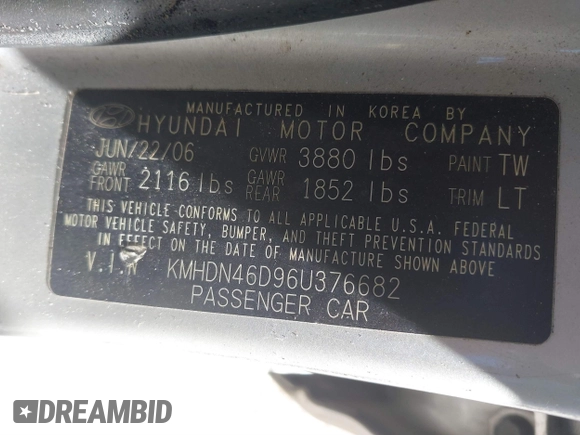2006 Hyundai Elantra GLS z VIN KMHDN46D96U376682, wystawiony jako IAAI lot #41833630 z przebiegiem 154 132 mil mil oraz . Historia ofert i sprzedaży dostępna na DreamBid. Obrazek 9.