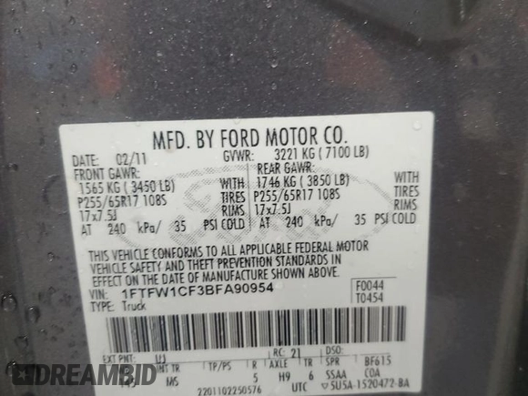 2011 Ford F-150 XL with VIN 1FTFW1CF3BFA90954, listed as a Copart auction lot 60242655 with 195,584 mi miles and Salvage title. Bid and sale history available at DreamBid. Image 12.