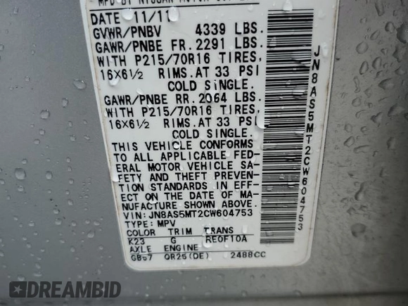 2012 Nissan Rogue SL with VIN JN8AS5MT2CW604753, listed as a Copart auction lot 50014305 with 254,674 mi miles and Salvage Title. Bid and sale history available at DreamBid. Image 13.