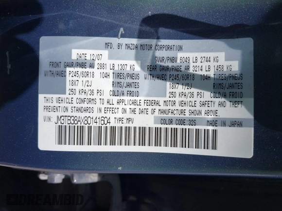 2008 Mazda CX-9 Grand Touring z VIN JM3TB38AX80141604, wystawiony jako IAAI lot #42069685 z przebiegiem 153 620 mil mil oraz . Historia ofert i sprzedaży dostępna na DreamBid. Obrazek 9.