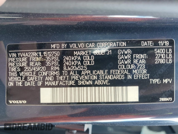 2020 Volvo XC60 Momentum with VIN YV4A22RK1L1512750, listed as a Copart auction lot 88429575 with 107,632 mi miles and Clean title. Bid and sale history available at DreamBid. Image 13.