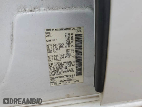 2017 Nissan Frontier Desert Runner with VIN 1N6DD0ER8HN709638, listed as a Copart auction lot 57833395 with 94,819 mi miles and Salvage title. Bid and sale history available at DreamBid. Image 13.