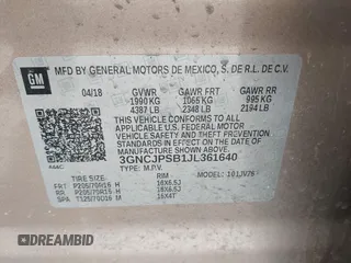 2018 Chevrolet Trax LT with VIN 3GNCJPSB1JL361640, listed as a IAAI auction lot 41967888 with 149,944 mi miles. Bid and sale history available at carsss.com. Image 9.