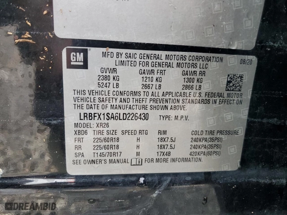 2020 Buick Envision Preferred with VIN LRBFX1SA6LD226430, listed as a Copart auction lot 79612934 with 0 mi miles and Non Repairable. Bid and sale history available at carsss.com. Image 14.