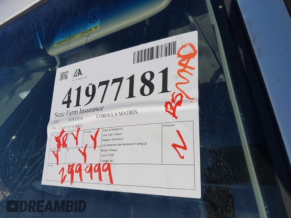 2003 Toyota Matrix Std z VIN 2T1KR32E53C040755, wystawiony jako IAAI lot #41977181 z przebiegiem 299 999 mil mil oraz . Historia ofert i sprzedaży dostępna na DreamBid. Obrazek 17.
