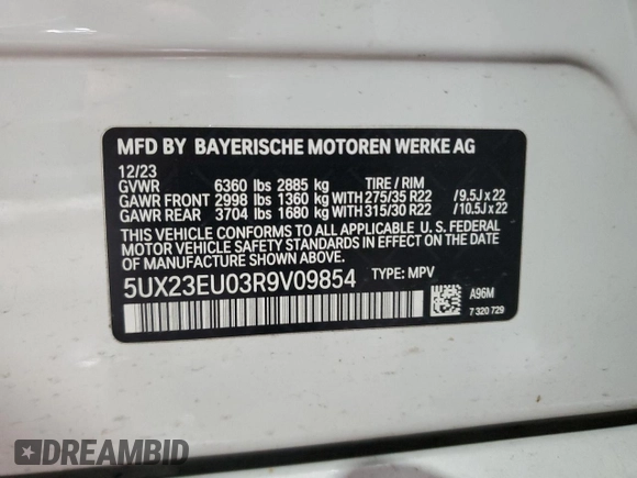 2024 BMW X5 xDrive40i with VIN 5UX23EU03R9V09854, listed as a Copart auction lot 44907595 with 21,147 mi miles and Salvage Title. Bid and sale history available at carsss.com. Image 13.