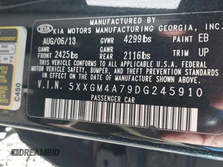 2013 Kia Optima LX with VIN 5XXGM4A79DG245910, listed as a IAAI auction lot 41853925 with 231,321 mi miles. Bid and sale history available at carsss.com. Image 9.