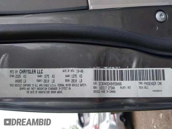 2009 Chrysler 300 LX with VIN 2C3KA43D49H558006, listed as a IAAI auction lot 42178195 with 208,864 mi miles and . Bid and sale history available at DreamBid. Image 9.
