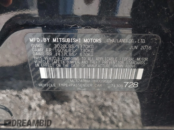 2017 Mitsubishi Mirage ES z VIN ML32A3HJ1HH009665, wystawiony jako IAAI lot #41871902 z przebiegiem 72 312 mil mil oraz . Historia ofert i sprzedaży dostępna na DreamBid. Obrazek 9.