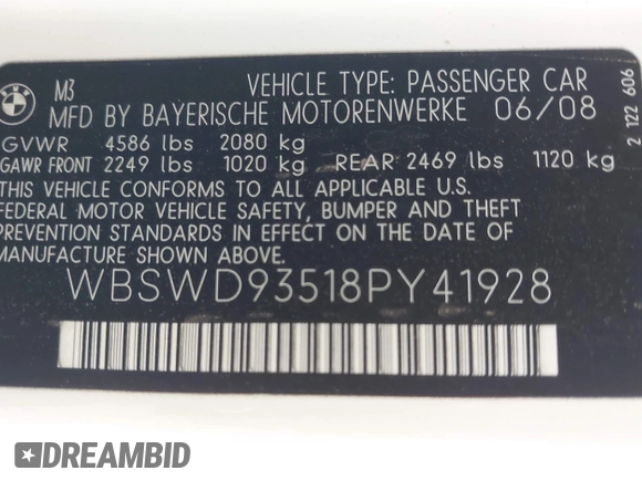 2008 BMW 3 Series M3 with VIN WBSWD93518PY41928, listed as a IAAI auction lot 42288626 with 95,962 mi miles and . Bid and sale history available at DreamBid. Image 9.