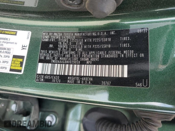 2022 Toyota Corolla Cross XLE с VIN 7MUDAAAG8NV029059, выставлен на аукционе Copart как лот 58739915 с пробегом 62 433 миль миль и Списание • Salvage title. История ставок и продаж доступна на DreamBid. Изображение 13.