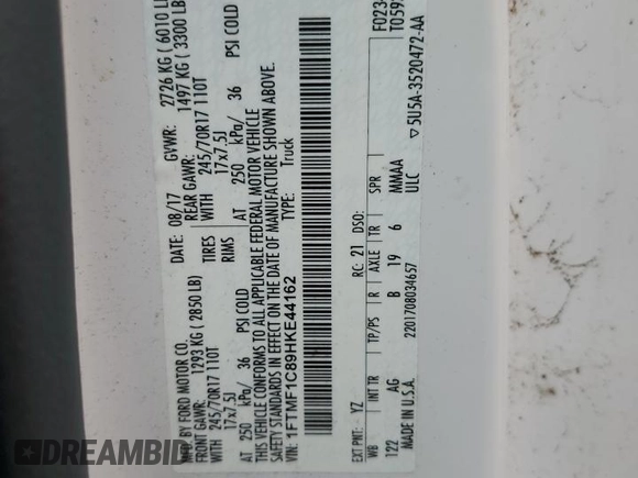 2017 Ford F-150 XL z VIN 1FTMF1C89HKE44162, wystawiony jako Copart lot #60823905 z przebiegiem 28 180 mil mil oraz Szkoda całkowita • Salvage title. Historia ofert i sprzedaży dostępna na DreamBid. Obrazek 12.