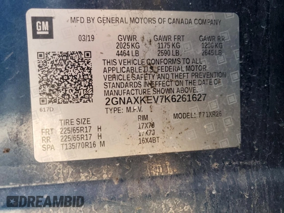 2019 Chevrolet Equinox LT with VIN 2GNAXKEV7K6261627, listed as a Copart auction lot 50802125 with 103,773 mi miles and Salvage Title. Bid and sale history available at carsss.com. Image 14.