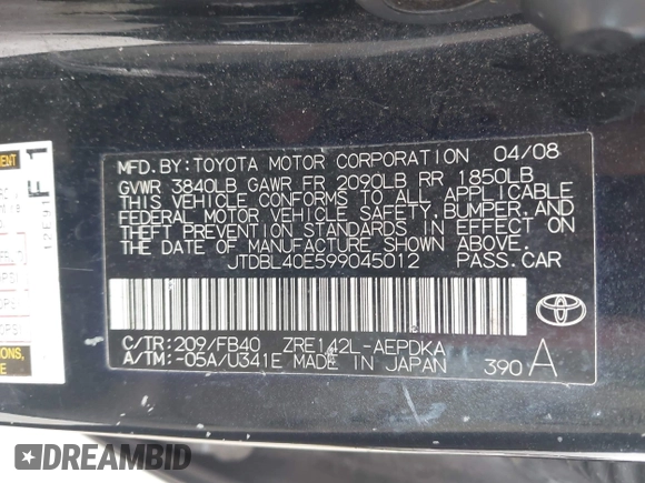 2009 Toyota Corolla with VIN JTDBL40E599045012, listed as a IAAI auction lot 42547853 with 177,766 mi miles and . Bid and sale history available at DreamBid. Image 9.