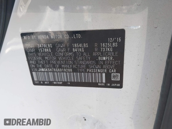 2016 Honda Fit EX with VIN JHMGK5H7XGX019288, listed as a IAAI auction lot 41325744 with Not Provided miles and . Bid and sale history available at DreamBid. Image 9.