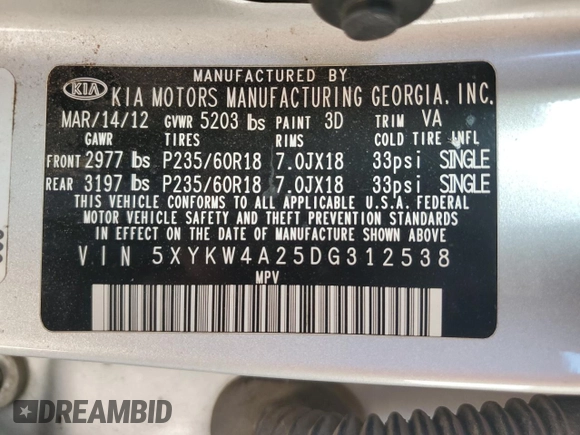 2013 Kia Sorento SX with VIN 5XYKW4A25DG312538, listed as a Copart auction lot 53753565 with 132,883 mi miles and Salvage title. Bid and sale history available at DreamBid. Image 14.