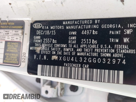 2016 Kia Optima EX with VIN 5XXGU4L32GG032974, listed as a IAAI auction lot 41881338 with 118,590 mi miles. Bid and sale history available at carsss.com. Image 9.