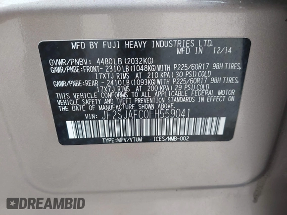 2015 Subaru Forester 2.5i Premium with VIN JF2SJAFC0FH559041, listed as a IAAI auction lot 42140633 with 126,513 mi miles. Bid and sale history available at carsss.com. Image 9.