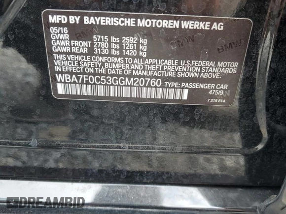 2016 BMW 7 Series 750i with VIN WBA7F0C53GGM20760, listed as a Copart auction lot 57230334 with 77,588 mi miles and Salvage Title. Bid and sale history available at carsss.com. Image 12.