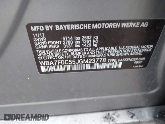 2018 BMW 7 Series 750i with VIN WBA7F0C55JGM23778, listed as a IAAI auction lot 41446517 with 88,498 mi miles. Bid and sale history available at carsss.com. Image 9.