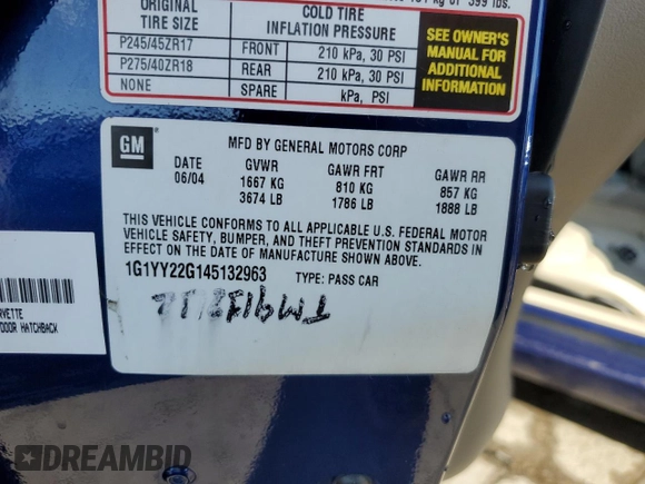 2004 Chevrolet Corvette with VIN 1G1YY22G145132963, listed as a Copart auction lot 74264184 with 74,077 mi miles and Salvage Title. Bid and sale history available at carsss.com. Image 13.