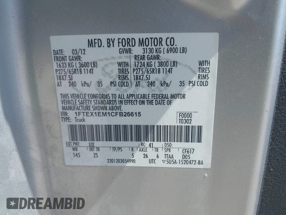 2012 Ford F-150 XL with VIN 1FTEX1EM1CFB26615, listed as a IAAI auction lot 42765399 with 261,278 mi miles and . Bid and sale history available at DreamBid. Image 9.