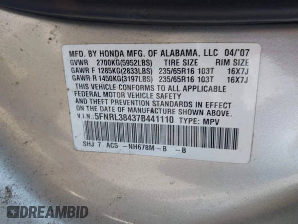 2007 Honda Odyssey EX с VIN 5FNRL38437B441110, выставлен на аукционе IAAI как лот 41930485 с пробегом 229 617 миль миль и . История ставок и продаж доступна на DreamBid. Изображение 9.